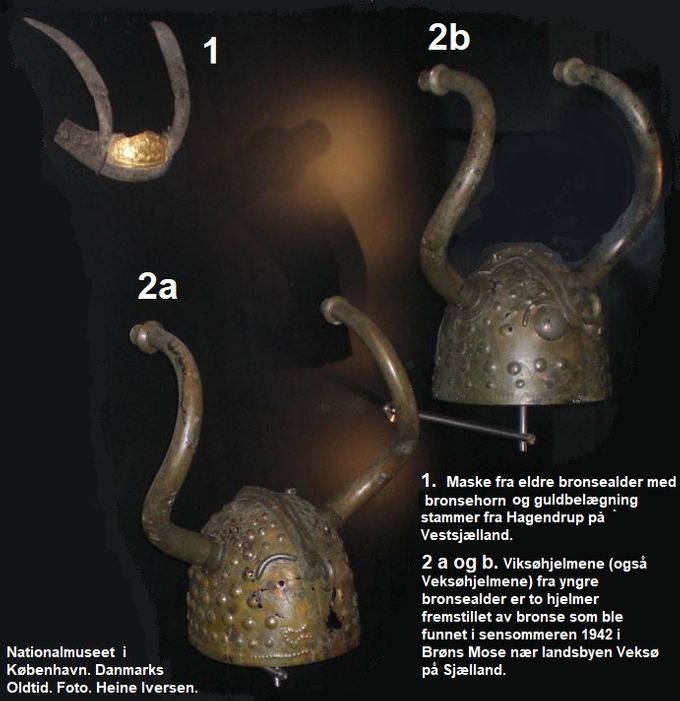 1. Her ser vi en del av maske/hjelm fra eldre bronsealder med bronsehorn og gullbelegg. 2 a og b. To hjelmer av bronse med horn. Fra Danmarks Oldtid, Nationalmuseet i København, Danmark. Foto. Heine Iversen.